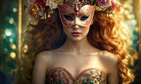 Beautiful young woman in a Venetian mask at the masquerade. ai generative.の素材