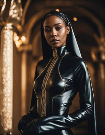 attractive african american woman in latex costume looking at camera. ai generative.の素材