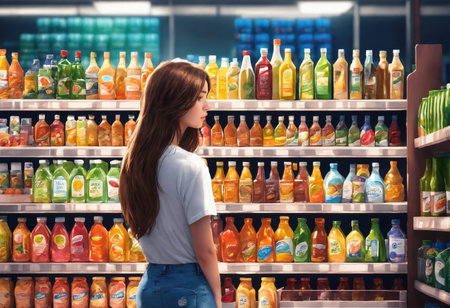 The beautiful woman is looking at the shelves to buy something from the supermarket. ai generative.の素材