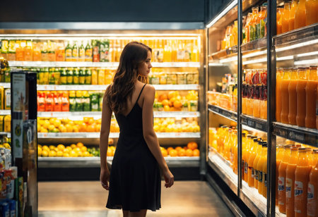 The beautiful woman is looking at the shelves to buy something from the supermarket. ai generative.の素材
