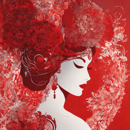 Fashion art portrait of a beautiful woman in a red dress. ai generative.の素材