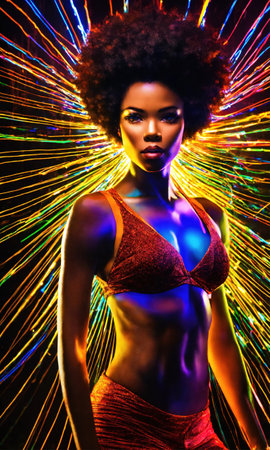 Beautiful african american woman with afro hairstyle and outlined in light. ai generative.の素材