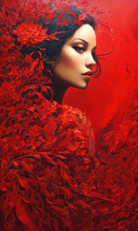 Fashion art portrait of a beautiful woman in a red dress. ai generative.の素材