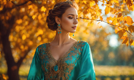 Beautiful girl in a blue evening turquoise dress posing. ai generative.の素材