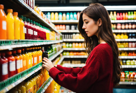The beautiful woman is looking at the shelves to buy something from the supermarket. ai generative.の素材