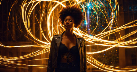 Beautiful african american woman with afro hairstyle and outlined in light. ai generative.の素材