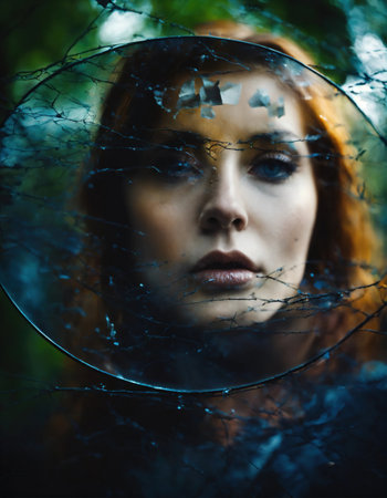 Close up shot of a beautiful woman's eye through broken glass. ai generative.の素材