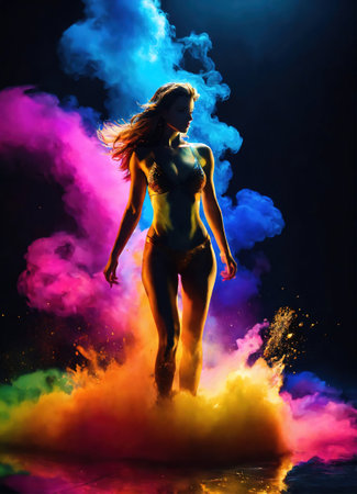 Beautiful young woman with colorfull hair in colorful smoke. ai generative.の素材