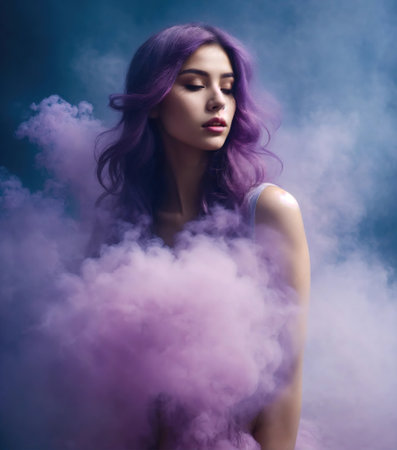 Portrait of a beautiful young woman with pink hair and smoke clouds. ai generative.の素材