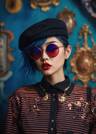 Fashion portrait of young beautiful asian woman with short hairstyle and sunglasses in a stylish dress. ai generative.の素材