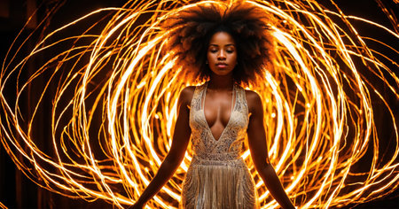 Beautiful african american woman with afro hairstyle and outlined in light. ai generative.の素材