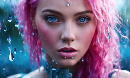 Close-up portrait of a beautiful girl with pink hair and blue eyes. ai generative.の素材
