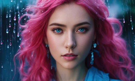 Close-up portrait of a beautiful girl with pink hair and blue eyes. ai generative.の素材