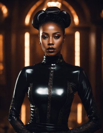 attractive african american woman in latex costume looking at camera. ai generative.の素材