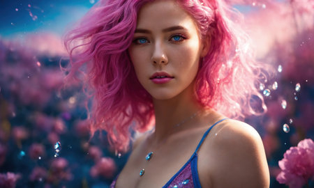 Close-up portrait of a beautiful girl with pink hair and blue eyes. ai generative.の素材