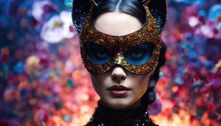 Portrait of a beautiful young woman with bright make up and Venetian mask. ai generative.の素材