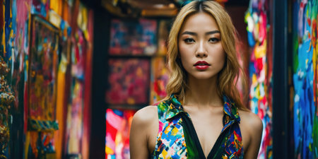 Portrait of a beautiful young brunette woman in a luxury dress with bright make-up. ai generative.の素材