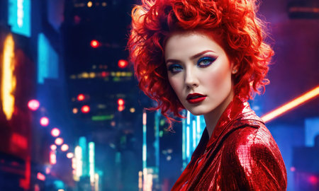 Futuristic woman with red hair in futuristic costume. ai generative.の素材