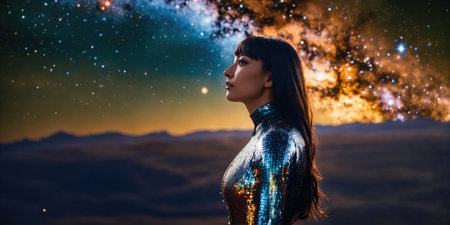 Portrait of beautiful brunette woman in shiny evening dress against night sky. ai generative.の素材