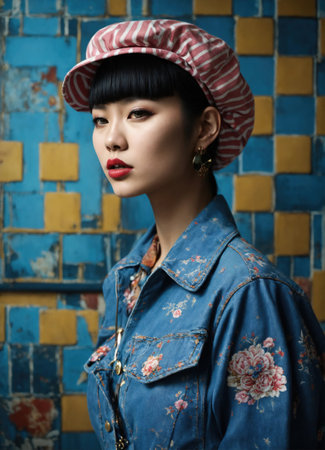 Fashion portrait of young beautiful asian woman with short hairstyle and sunglasses in a stylish dress. ai generative.の素材