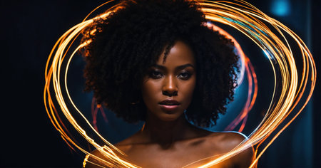Beautiful african american woman with afro hairstyle and outlined in light. ai generative.の素材