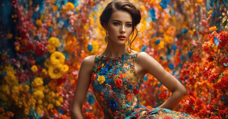 fashion photo of beautiful woman in a long luxurious dress posing. ai generative.の素材