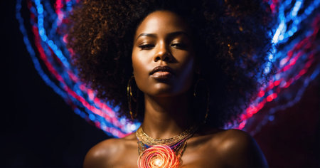 Beautiful african american woman with afro hairstyle and outlined in light. ai generative.の素材