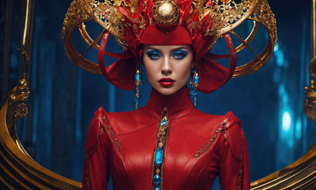 Futuristic woman with red hair in futuristic costume. ai generative.の素材