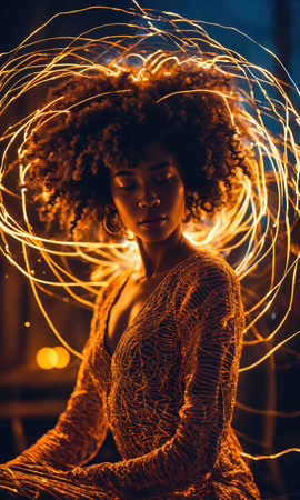 Beautiful african american woman with afro hairstyle and outlined in light. ai generative.の素材