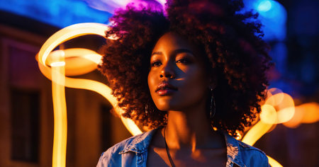 Beautiful african american woman with afro hairstyle and outlined in light. ai generative.の素材