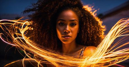 Beautiful african american woman with afro hairstyle and outlined in light. ai generative.の素材