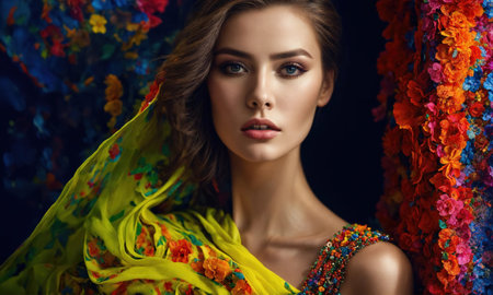 fashion photo of beautiful woman in a long luxurious dress posing. ai generative.の素材