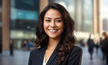 Young happy cheerful professional business woman looking at camera. ai generative.の素材