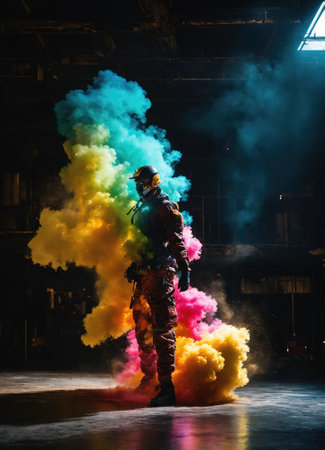 Beautiful young man with colorfull hair in colorful smoke. ai generative.の素材