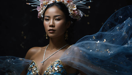 Beautiful young woman in a wreath of flowers dancing flamenco. ai generative.の素材