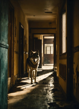 Portrait of a wolf in a dark corridor at night. ai generative.の素材