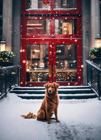 Cute Nova Scotia Duck Tolling Retriever dog sitting on a snowy street. ai generative.の素材