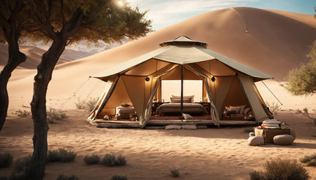 Camping tent in the desert at sunset. ai generative.の素材
