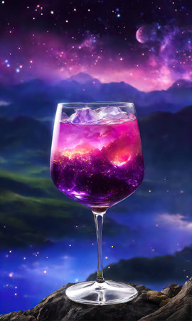 Purple cocktail with ice on a wooden table. Selective focus. ai generativeの素材