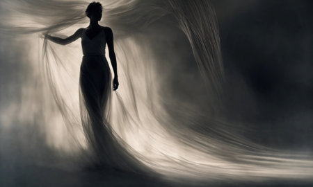 Blurry motion silhouette of a girl with long hair. ai generative.の素材