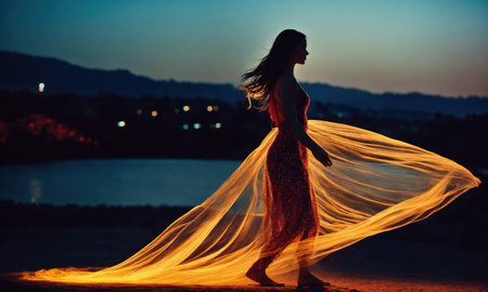 Blurry motion silhouette of a girl with long hair. ai generative.の素材