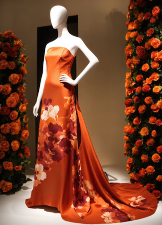 Fashionable evening orange summer dress on a mannequin. ai generative. ai generative.の素材