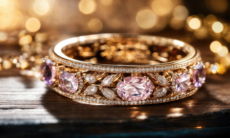 jewelry diamond ring on wooden table with bokeh background. ai generative.の素材