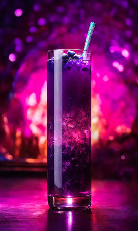 Purple cocktail with ice on a wooden table. Selective focus. ai generativeの素材
