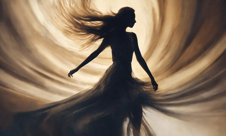 Blurry motion silhouette of a girl with long hair. ai generative.の素材
