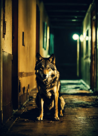 Portrait of a wolf in a dark corridor at night. ai generative.の素材