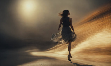 Blurry motion silhouette of a girl with long hair. ai generative.の素材