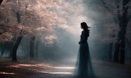 Blurry motion silhouette of a girl with long hair. ai generative.の素材