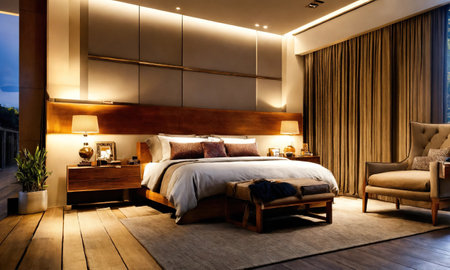 interior of classic bedroom, comfortable king size bed. ai generativeの素材