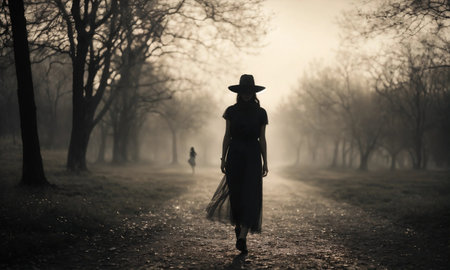 Blurry motion silhouette of a girl with long hair. ai generative.の素材